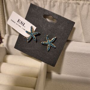Gold Starfish Earrings with Blue Accents